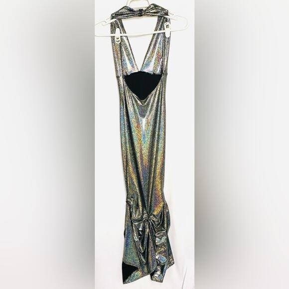 Liquid Silver Holographic Halter Maxi Dress – Custom Pouf Back Skirt XS/Petite - Picture 8 of 11